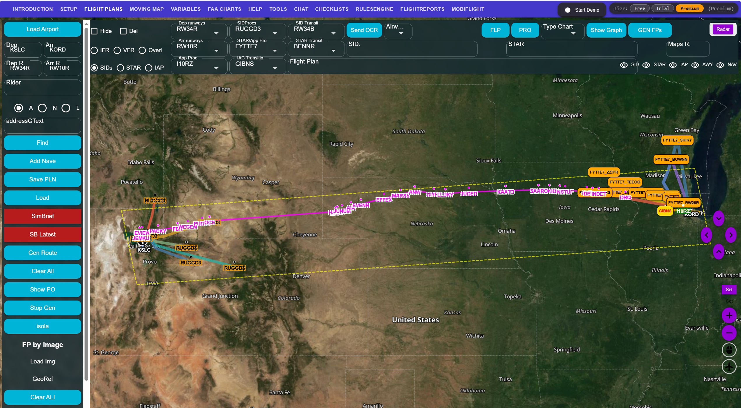 IFR flight plan with departure, airway and arrival procedures drawn on the SimFlyMinimums map