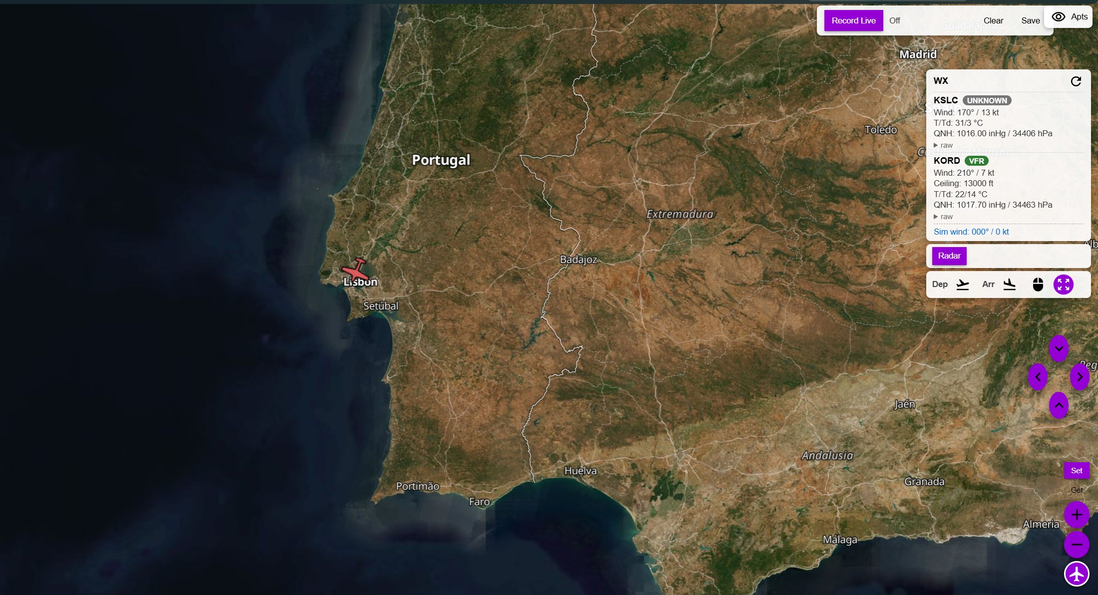 SimFlyMinimums satellite moving map showing the aircraft position, airports and terrain